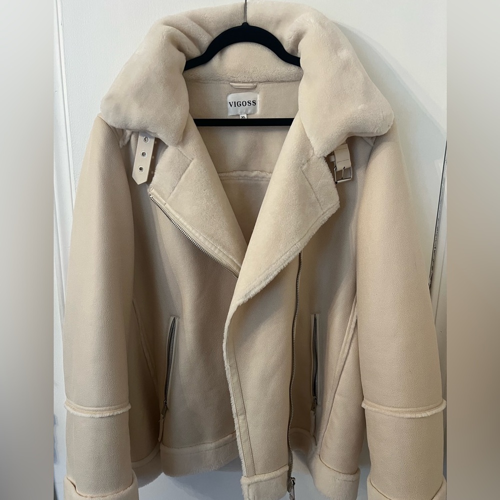 Vigoss Faux Fur Trimmed Faux Leather Moto Jacket